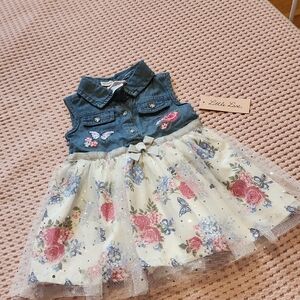 Little Lass Denim Bodice Floral Tulle Dress - Blue, Cream, Pink